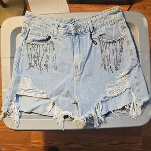 Cider Light Blue Jean Shorts with Fringe and Chain Accents